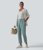 Pantalon tailleur aspect lin fuselé taille haute asymétrique avec poches