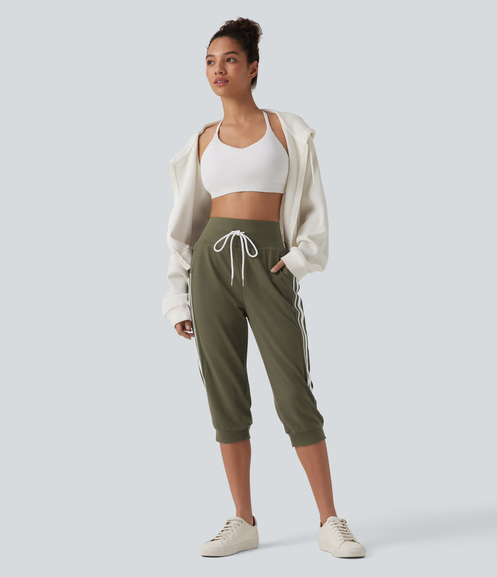 Jogging casual capri à rayures taille haute avec cordon de serrage et poches