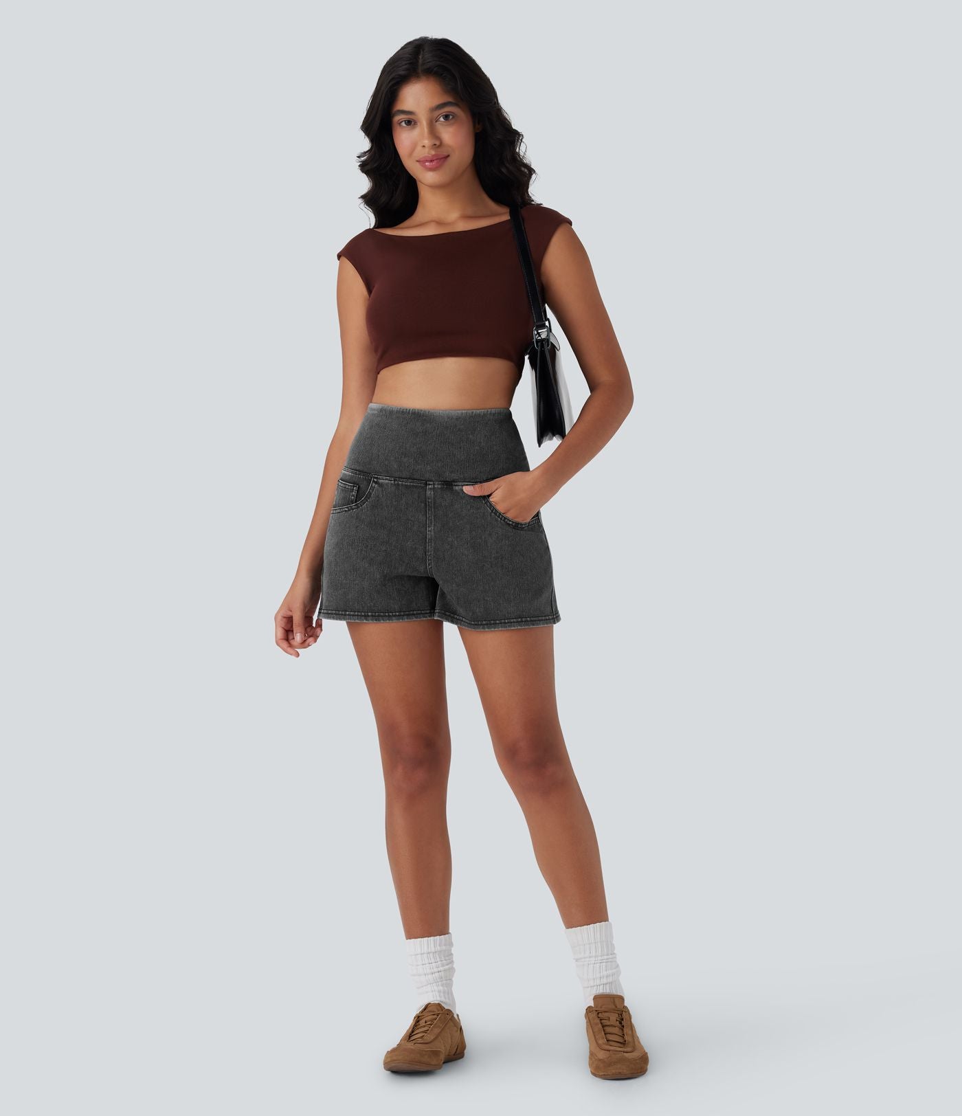Short 7,5 cm décontracté gainant taille haute effet denim avec poches Halara Flex™