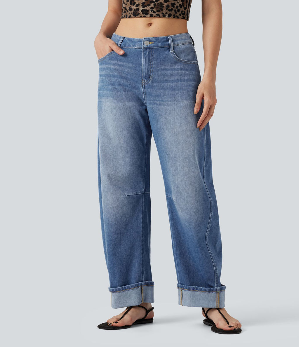 Jean coupe barrel Halara Flex™ taille basse à revers avec poches