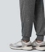 Jogging taille haute froncé chiné avec poches