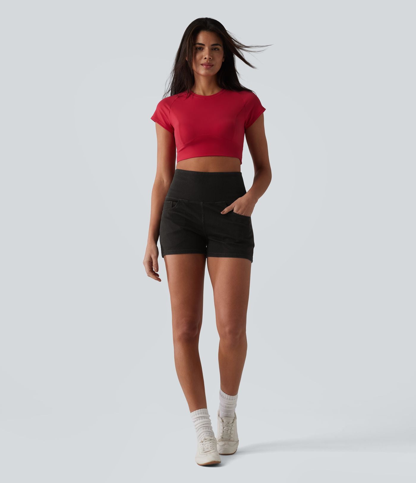 Short 7,5 cm décontracté gainant taille haute effet denim avec poches Halara Flex™