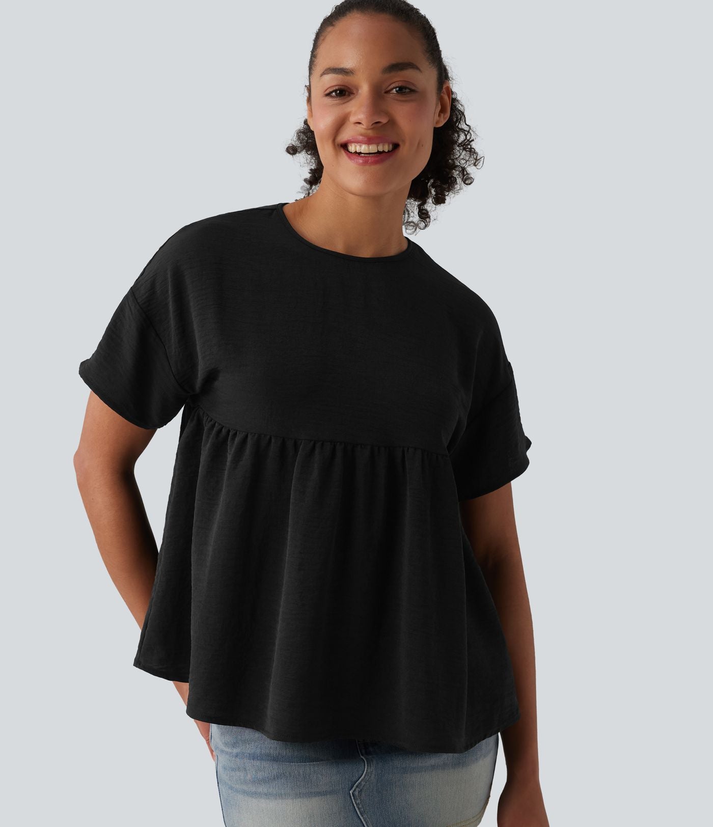 T-shirt décontracté col rond manches courtes ourlet à volants aspect lin