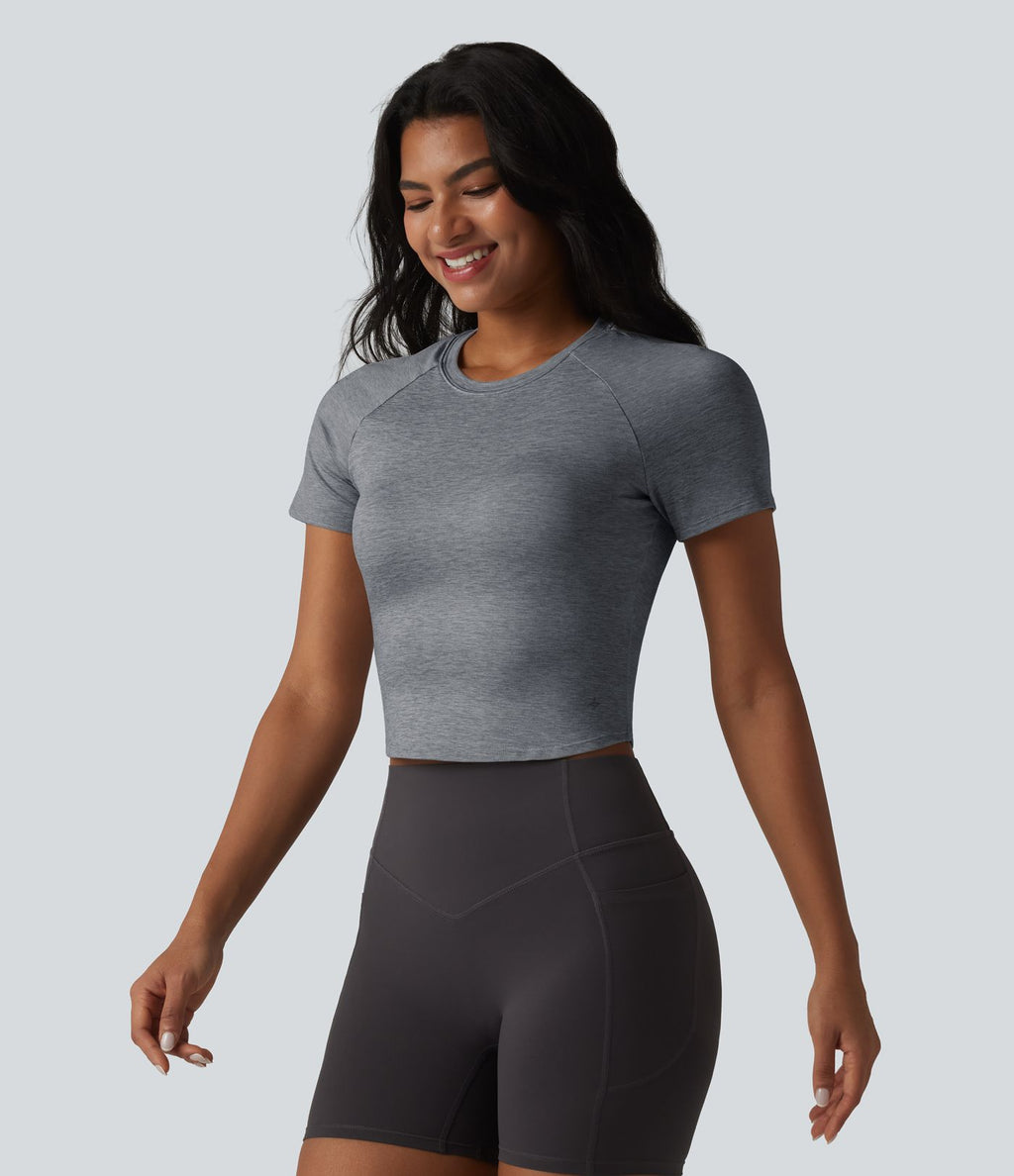 Haut de sport yoga col rond manches courtes avec soutien-gorge intégré