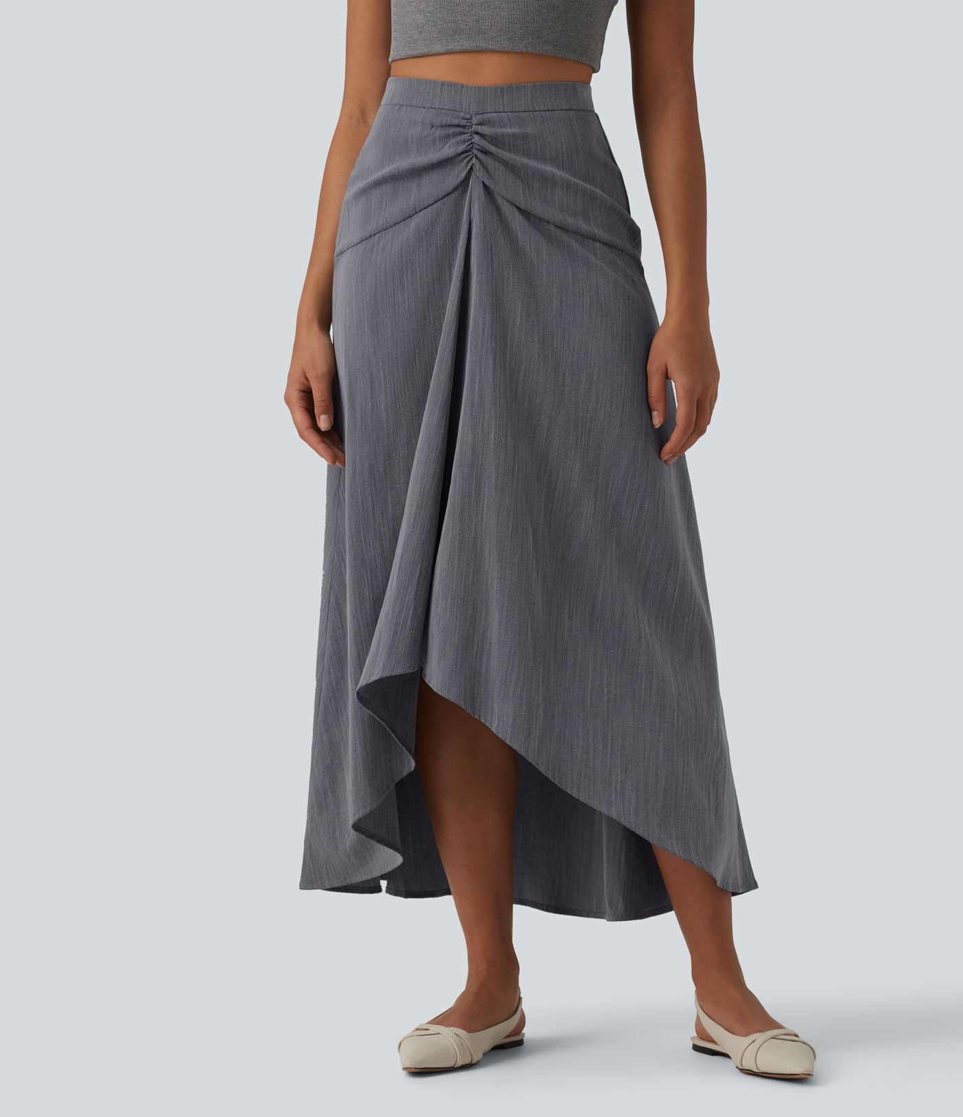 Jupe longue taille haute ourlet asymétrique aspect lin