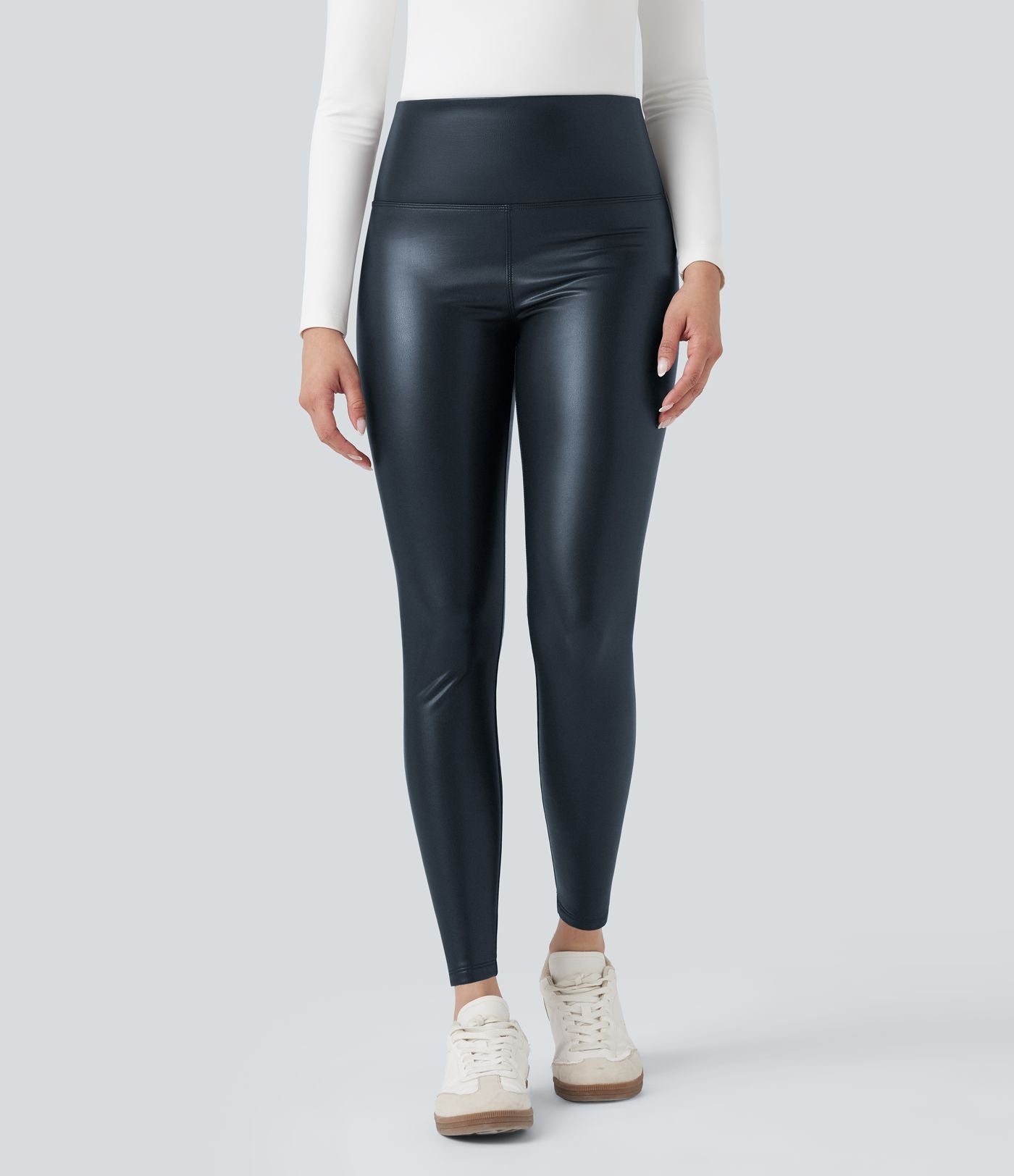 Pantalon 7/8 moulant décontracté polaire gainant taille haute extensible effet cuir avec poches