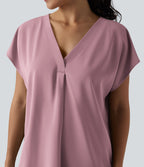 Blouse esprit bureau oversize défroissage facile, col V et manches courtes