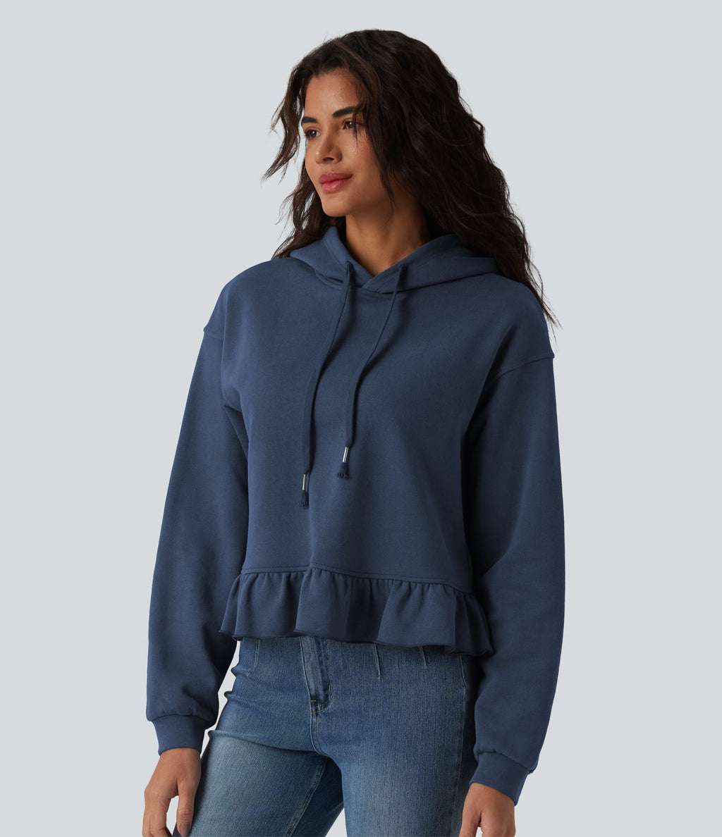 Sweat-shirt décontracté en coton à capuche avec cordon de serrage manches longues ourlet à volants