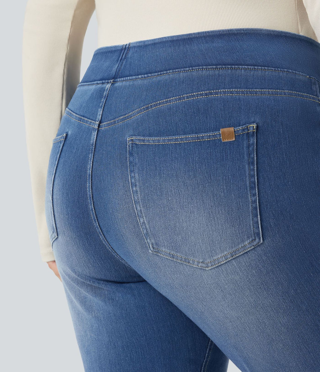 Jean décontracté Halara Flex™ grande taille bootcut taille haute en maille extensible délavée avec multiples poches