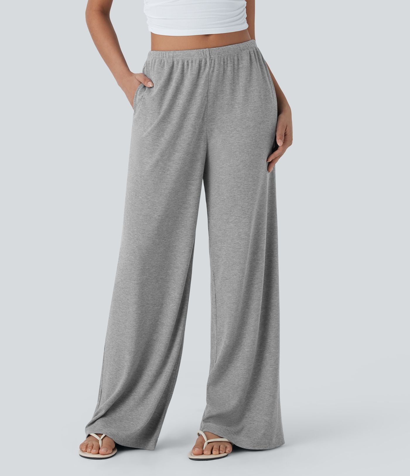 Pantalon fluide ample à taille basse avec cordon de serrage, côtes extensibles, doux pour la peau et poches latérales