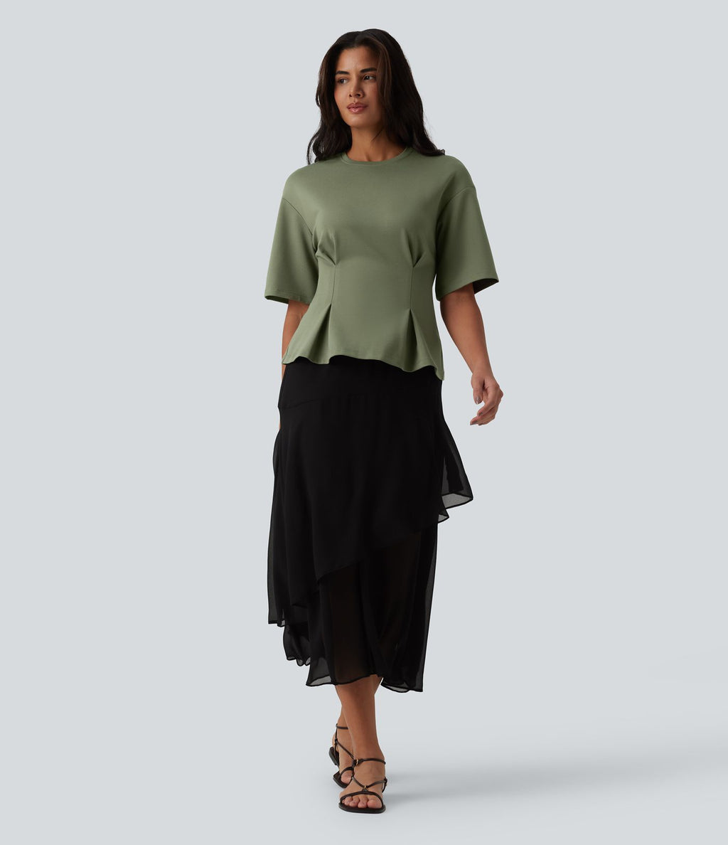 Blouse casual col rond taille cintrée à basque