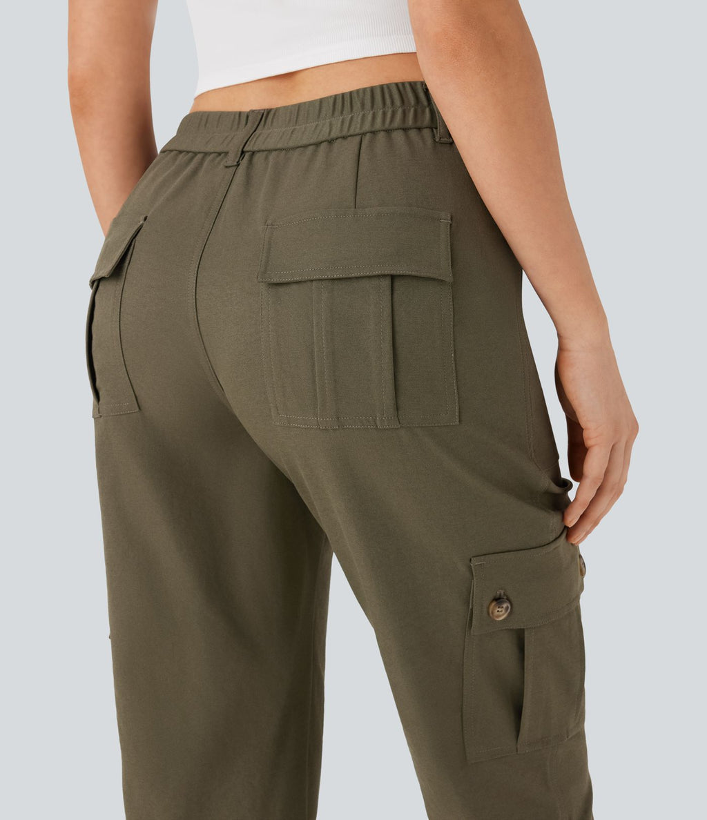 Pantalon cargo décontracté taille moyenne à ourlet roulé avec poches à rabat