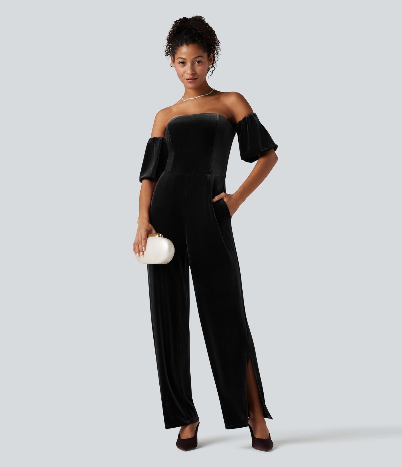Combinaison velours bustier fendue manches bouffantes - Easy Peasy