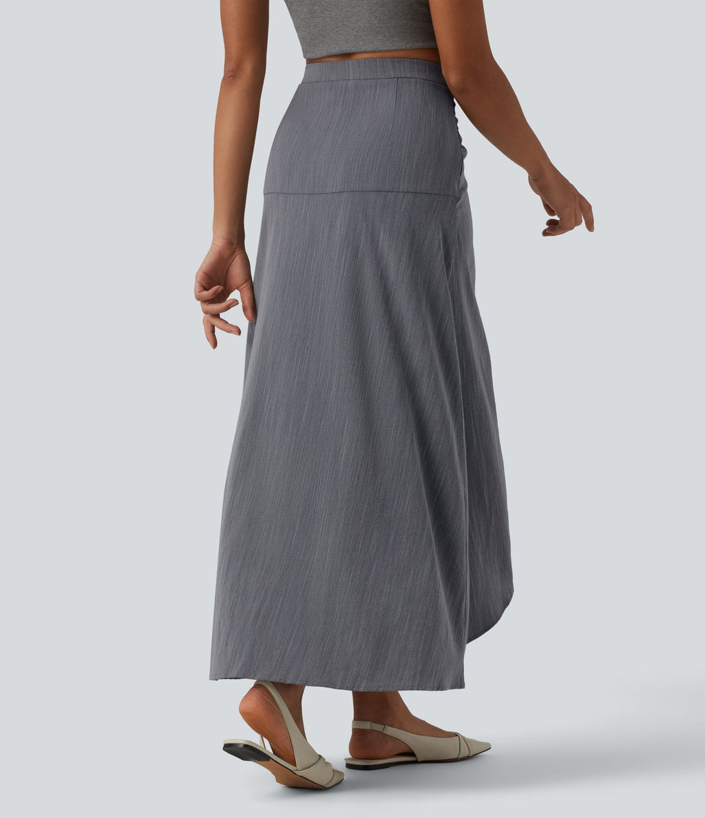 Jupe longue taille haute ourlet asymétrique aspect lin