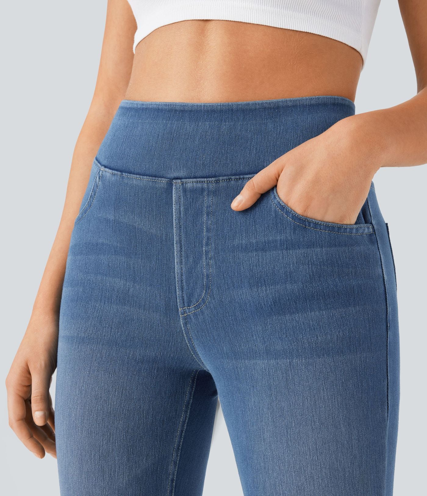 Halara Flex™ Jean bootcut décontracté extensible délavé taille haute à poches multiples