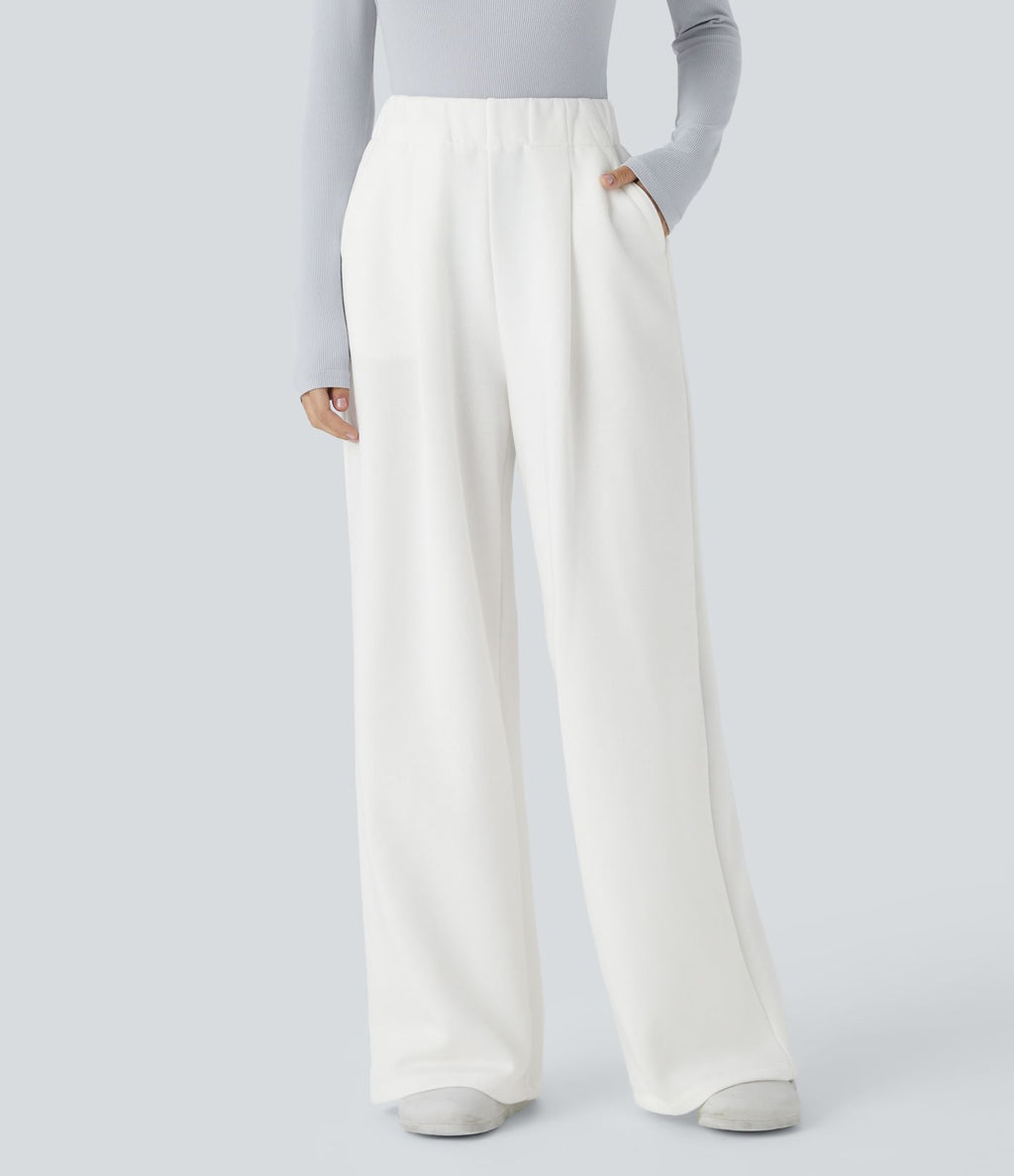 Pantalon Jogging Thermique Taille Haut Jambes Larges Poche Latérale Plissée en Fleece