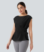 Blouse esprit bureau défroissage facile sans manches, encolure bateau et lien au dos