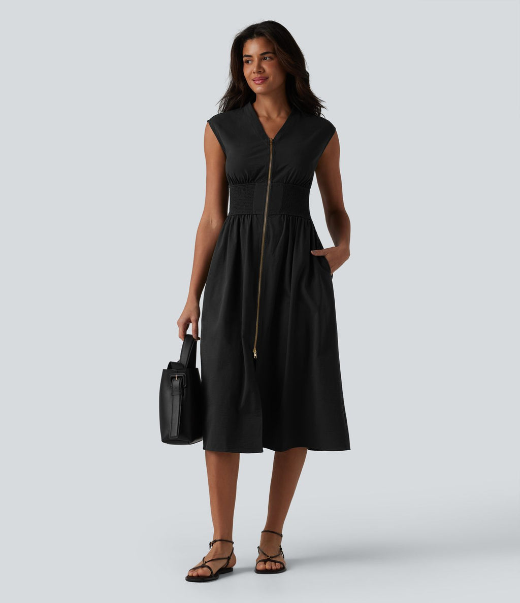 Robe tailleur midi col V sans manches fermeture éclair bidirectionnelle avec poches
