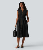 Robe tailleur midi col V sans manches fermeture éclair bidirectionnelle avec poches