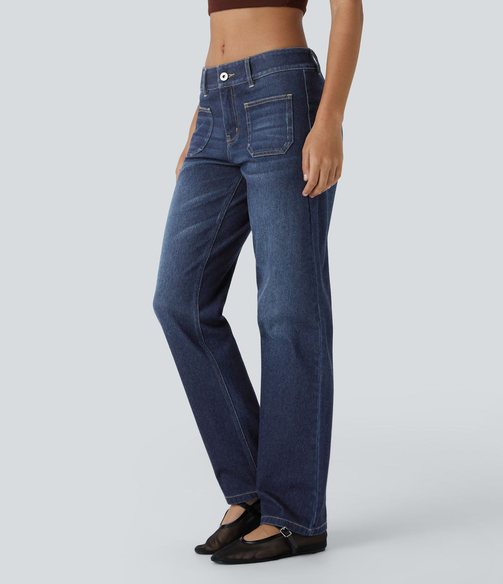 Jean décontracté délavé taille basse en maille extensible, coupe droite avec poches avant et fermeture zippée