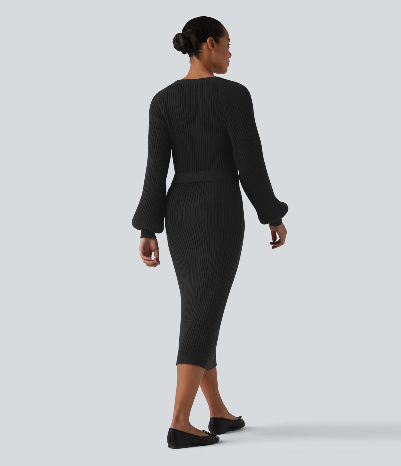 Robe pull midi casual col rond à manches longues, ceinturée