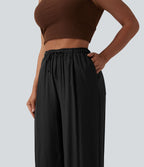 Pantalon casual ample taille haute aspect lin à cordon de serrage avec poches