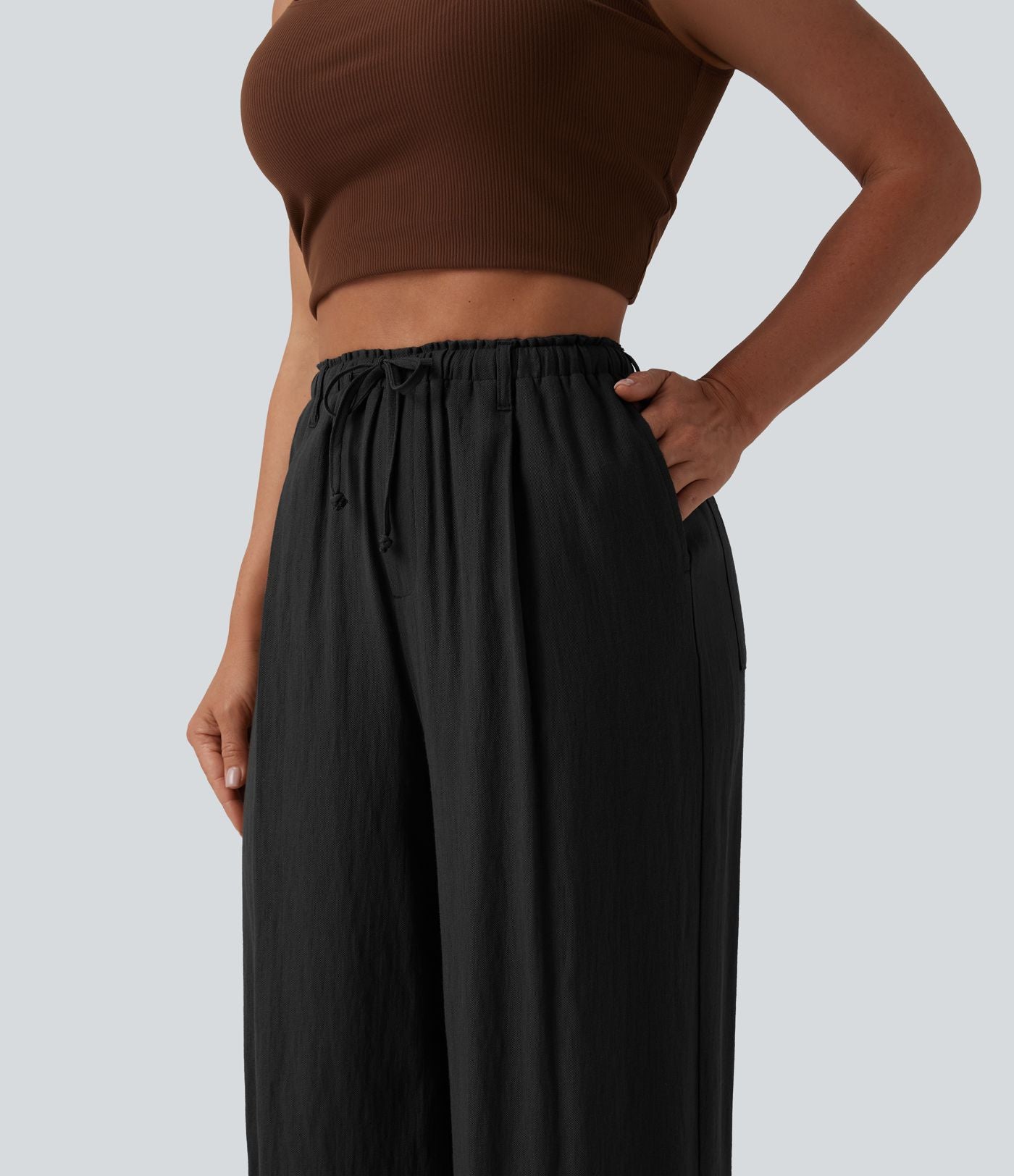 Pantalon casual ample taille haute aspect lin à cordon de serrage avec poches
