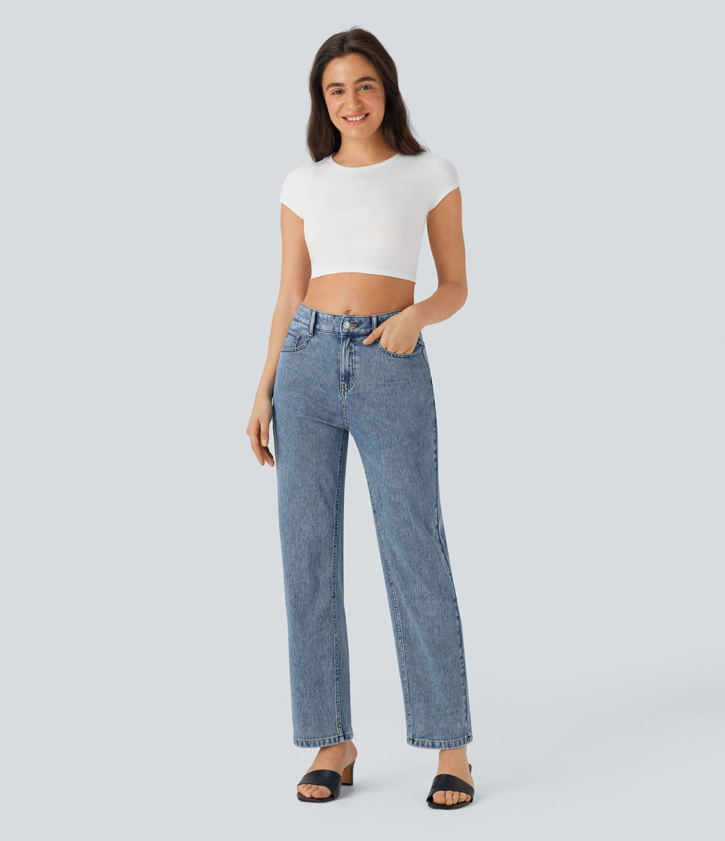 Halara Flex™ Jean droit extensible à taille haute avec bouton, fermeture éclair et poches multiples