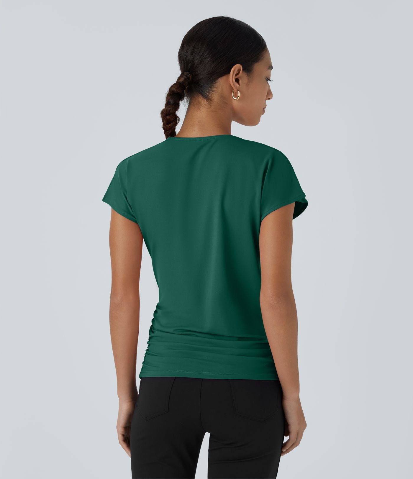 Blouse Travail Unie Froncée Croisée Manches Courtes Col en V