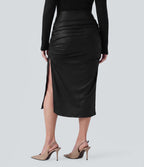 Jupe midi décontractée grande taille 2 en 1 taille haute ventre plat froncée ourlet arrondi en polaire simili cuir
