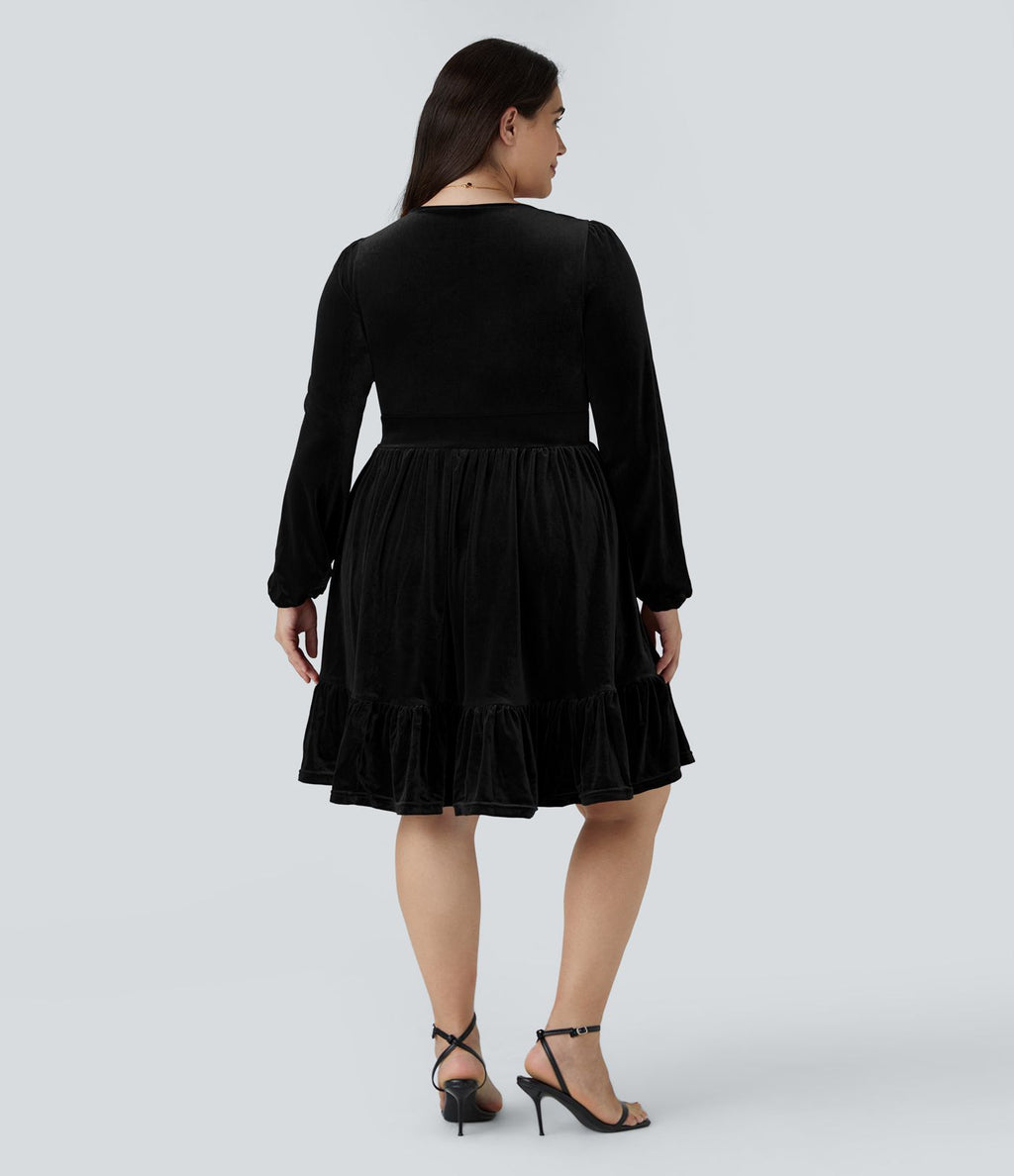 Quotidien de Robe Velours Mini Grande Taille avec Décolleté Profond en V et Ourlet à Volants