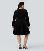 Quotidien de Robe Velours Mini Grande Taille avec Décolleté Profond en V et Ourlet à Volants