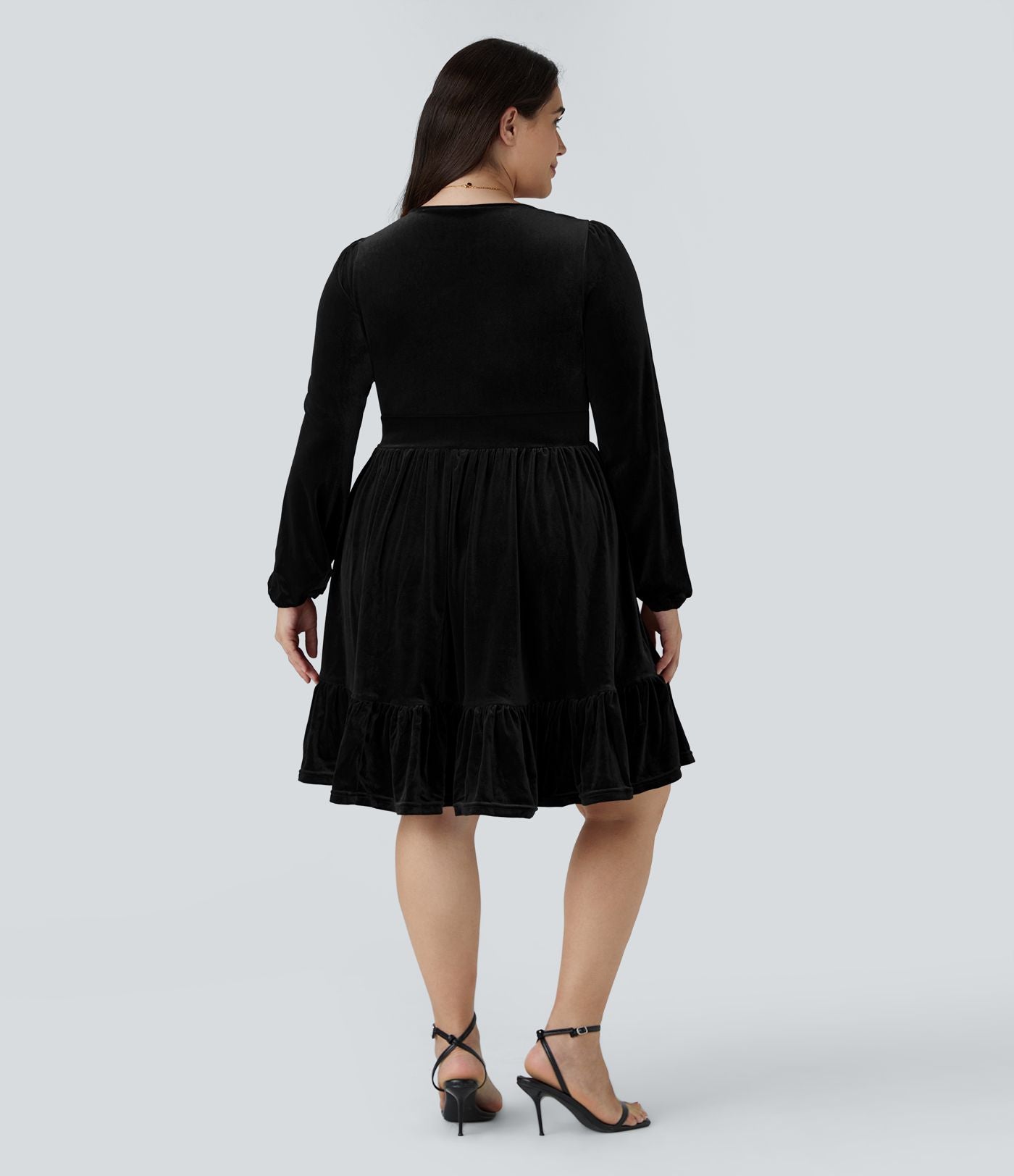 Quotidien de Robe Velours Mini Grande Taille avec Décolleté Profond en V et Ourlet à Volants