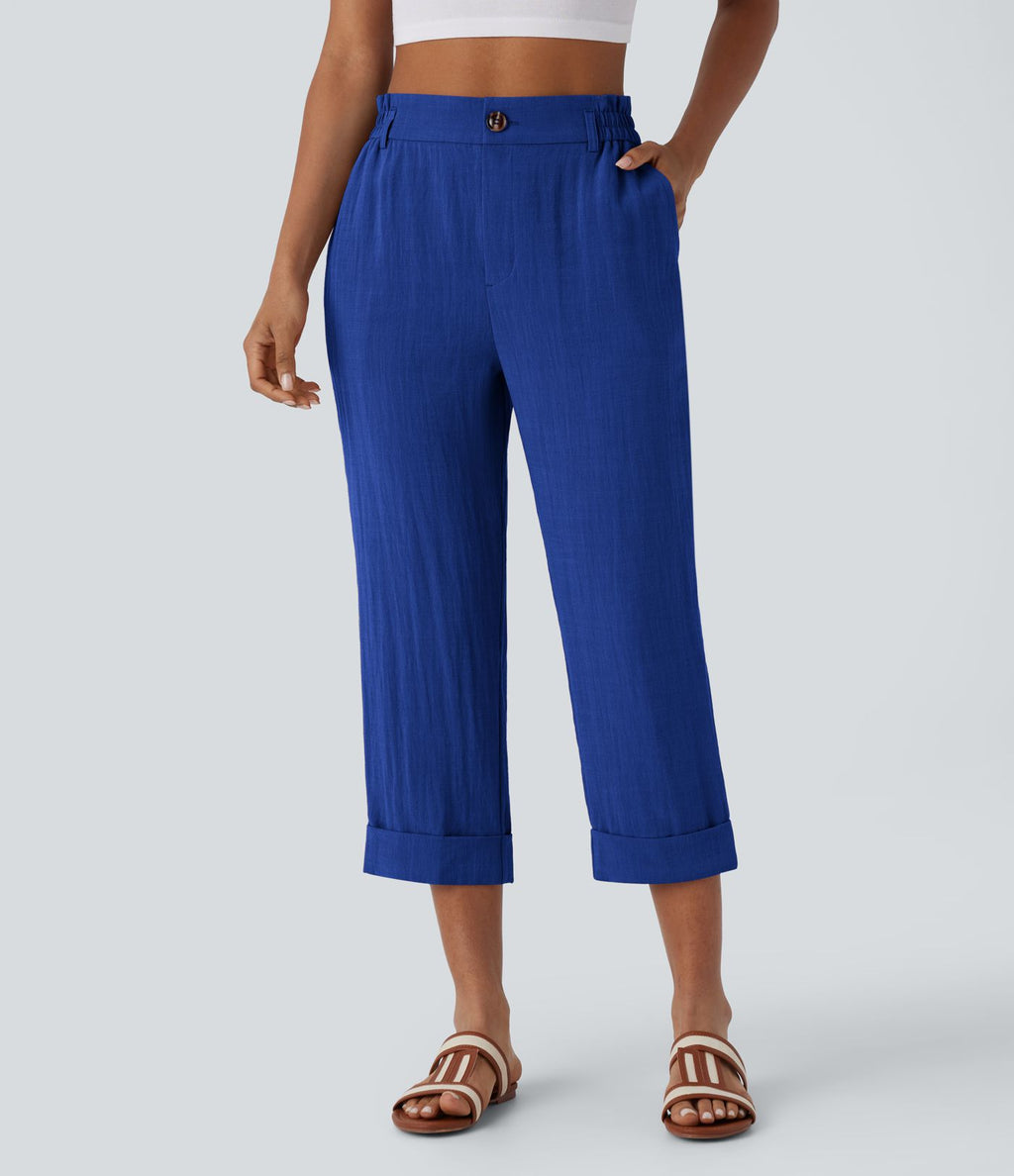 Pantalon capri effet lin taille haute avec poches zippées
