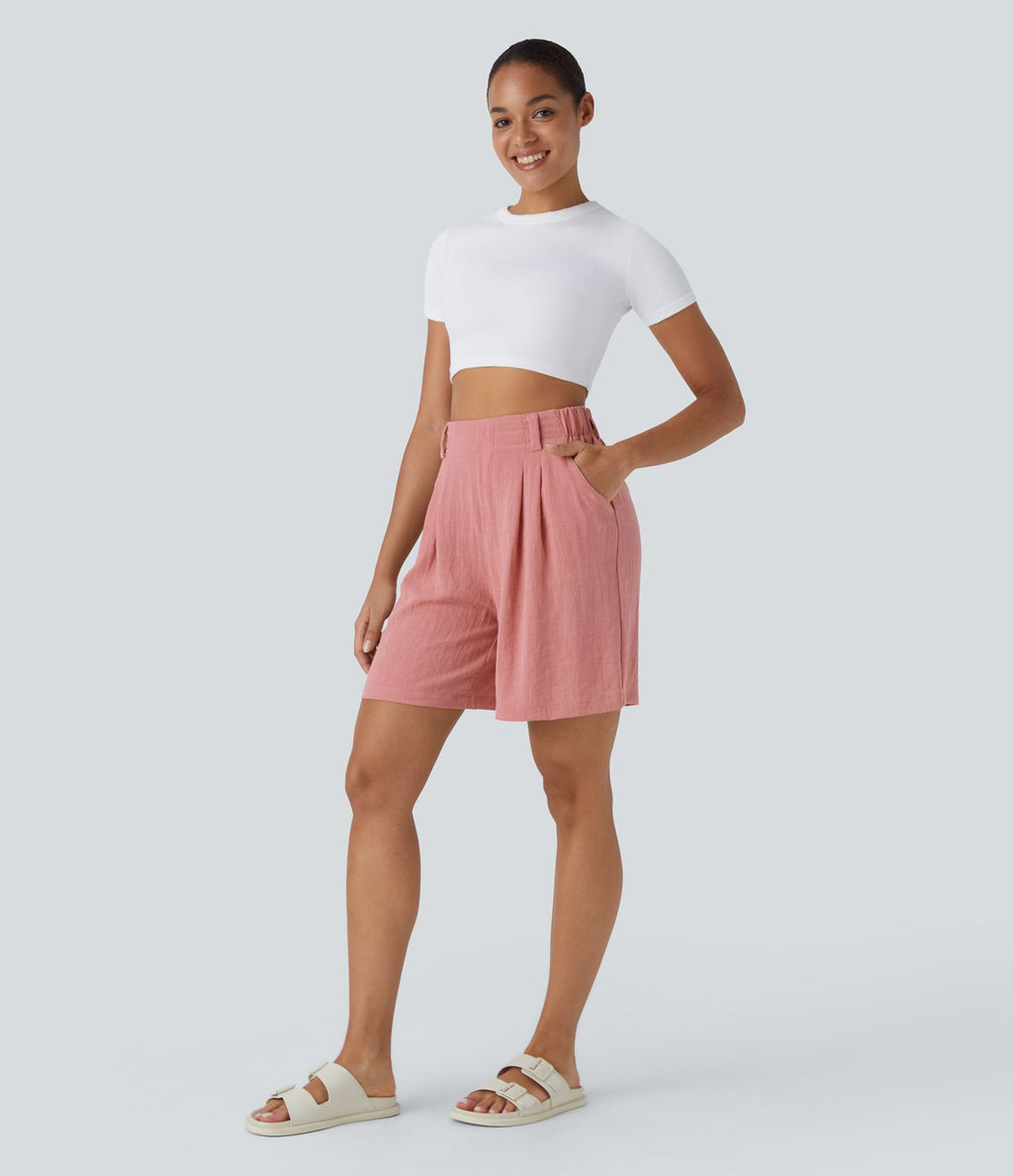 Bermuda Large Fluide Taille Haute avec Plis et Poches Latérales en Lin Synthétique