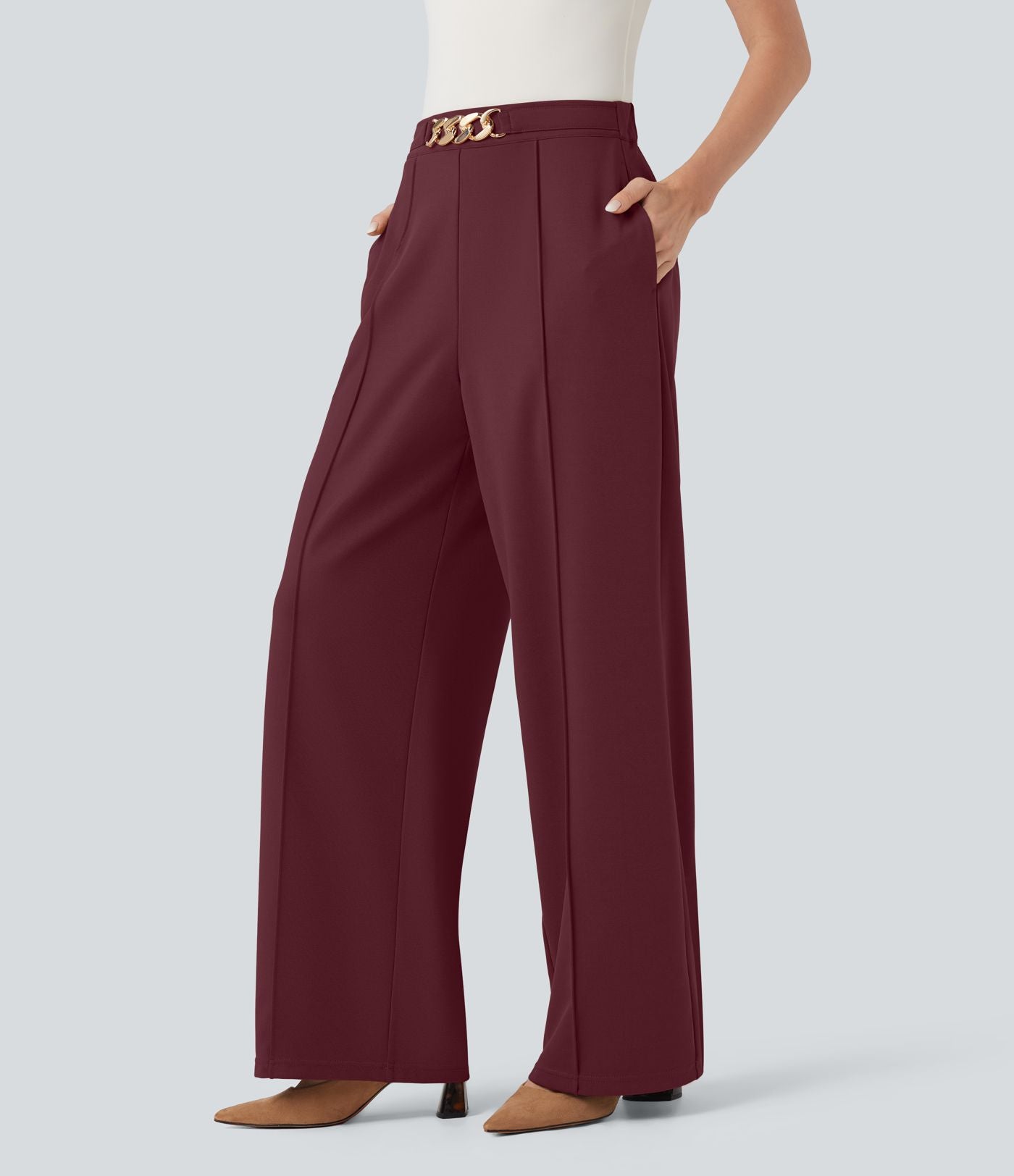 Pantalon de travail coupe droite taille haute avec chaîne métallique avec poches