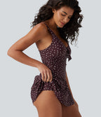 Maillot de bain une pièce 2-en-1 à pois col V push-up ventre plat avec nœud frontal