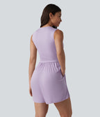 Combishort casual côtelé sans manches col V, fronces et soutien-gorge intégré, avec poches – Easy Peasy