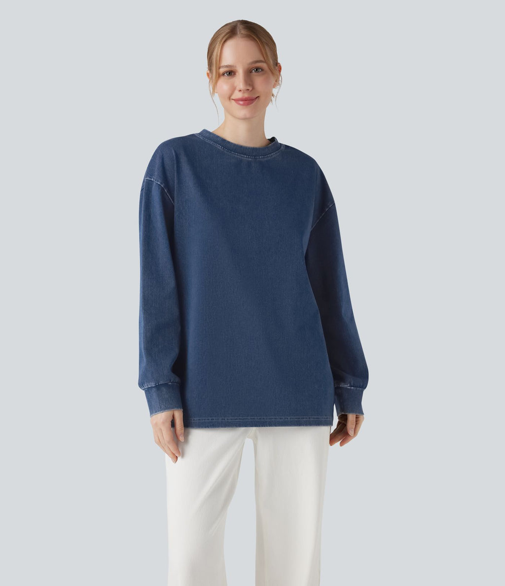 Halara Flex™ T-shirt casual délavé en denim à col rond et manches longues