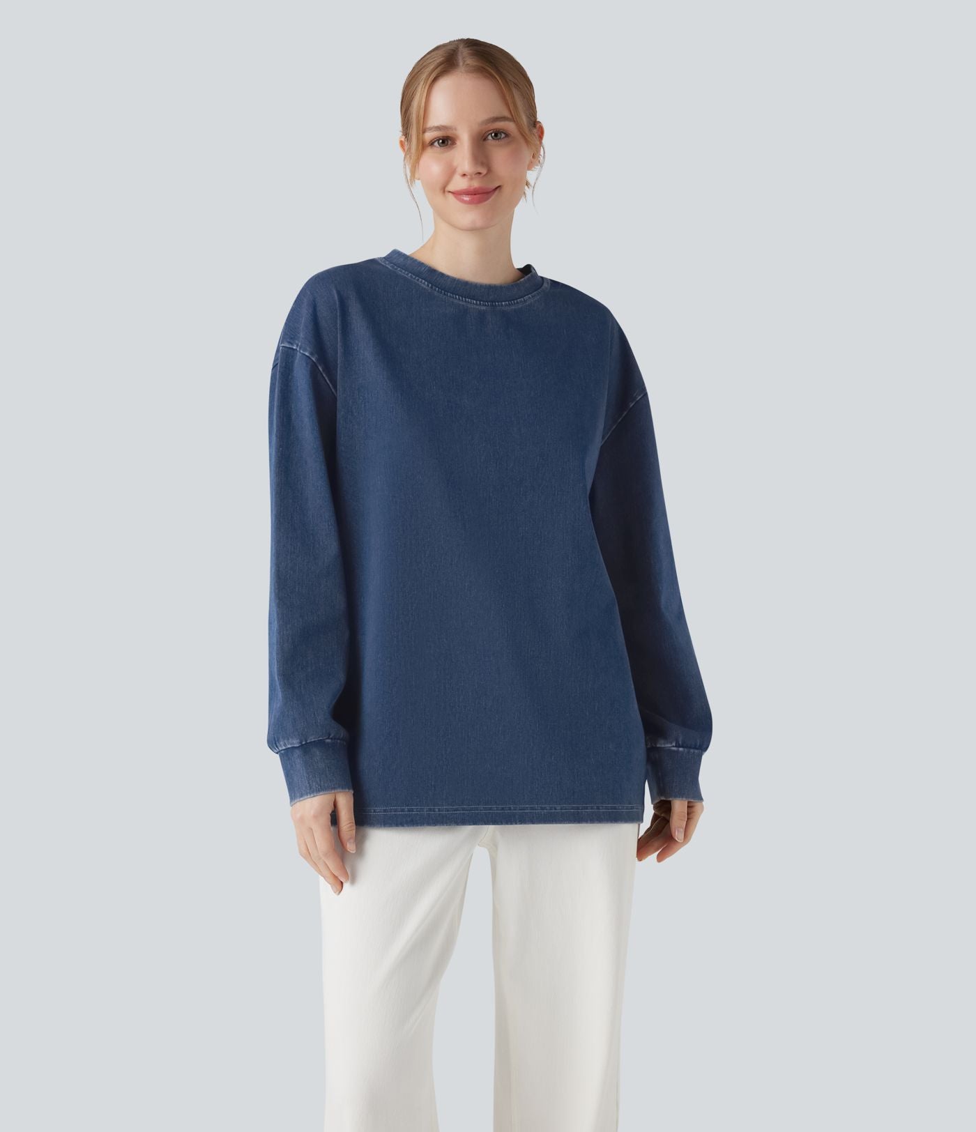 Halara Flex™ T-shirt casual délavé en denim à col rond et manches longues