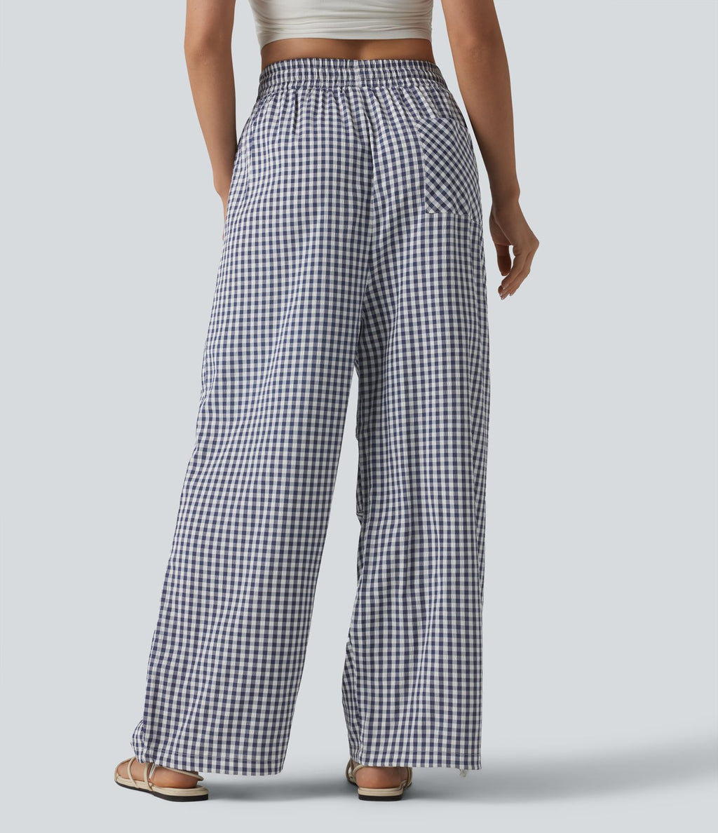 Pantalon ample décontracté à carreaux vichy, taille mi-haute, cordon de serrage et poches