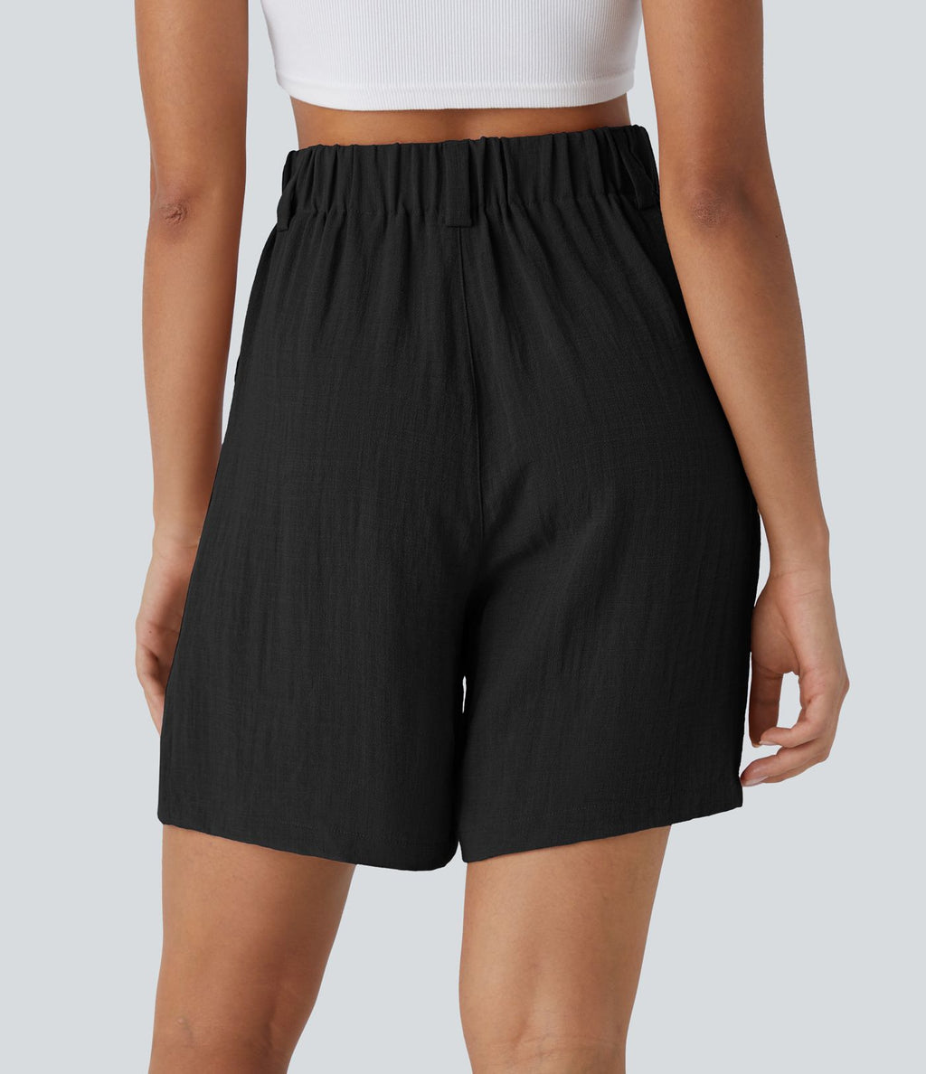 Bermuda Large Fluide Taille Haute avec Plis et Poches Latérales en Lin Synthétique