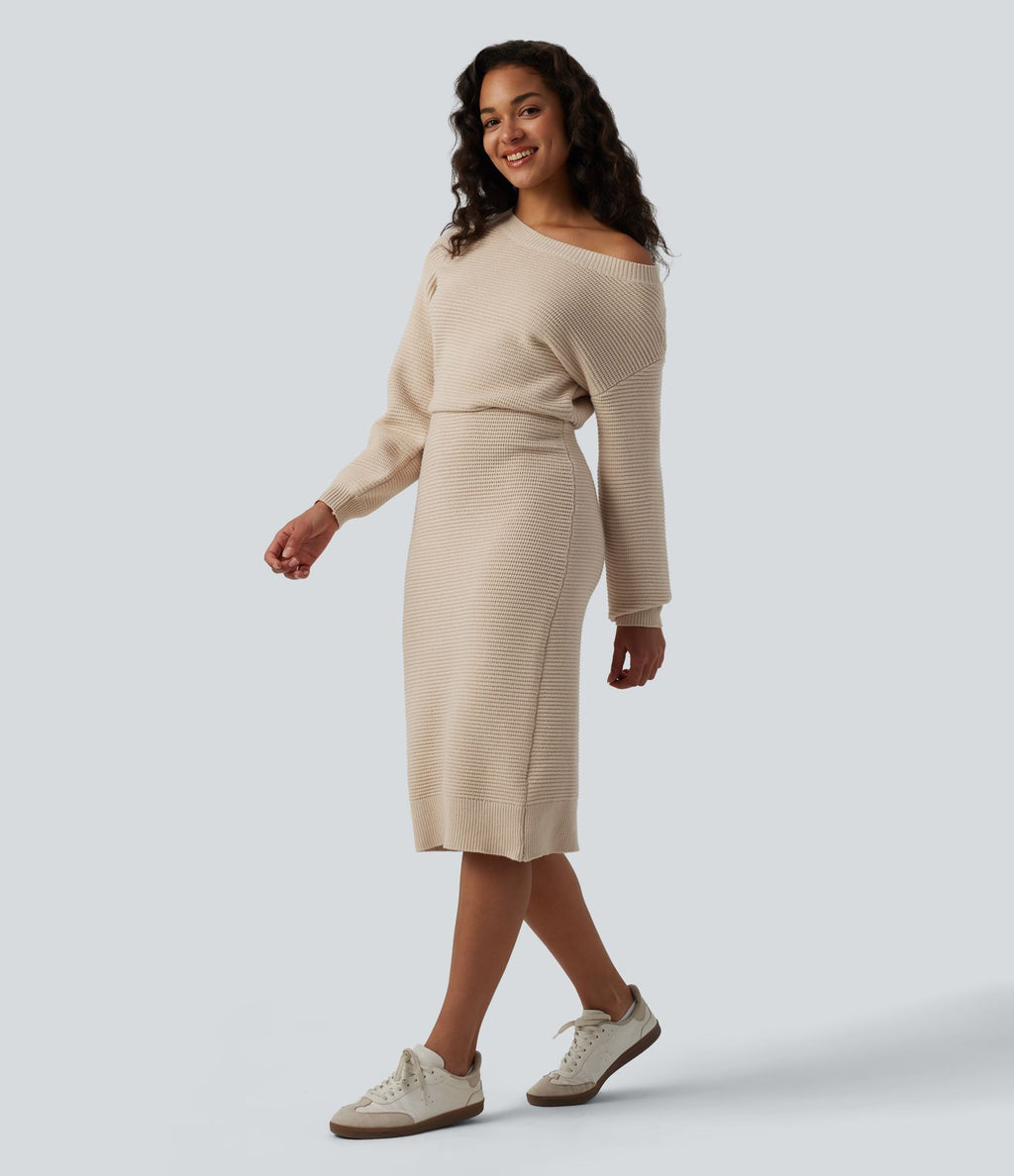 Robe pull midi casual asymétrique une épaule à manches longues