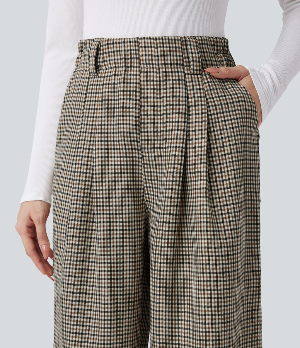 Pantalon tailleur ample taille haute à carreaux avec poches