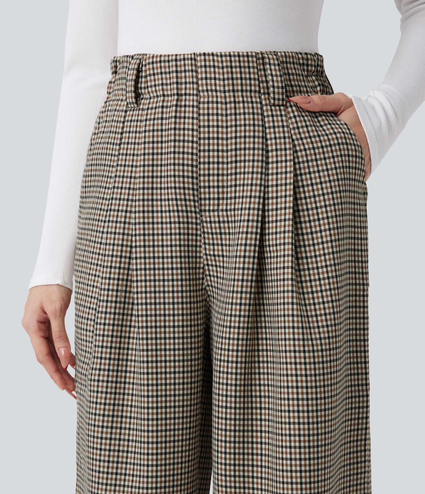 Pantalon tailleur ample taille haute à carreaux avec poches