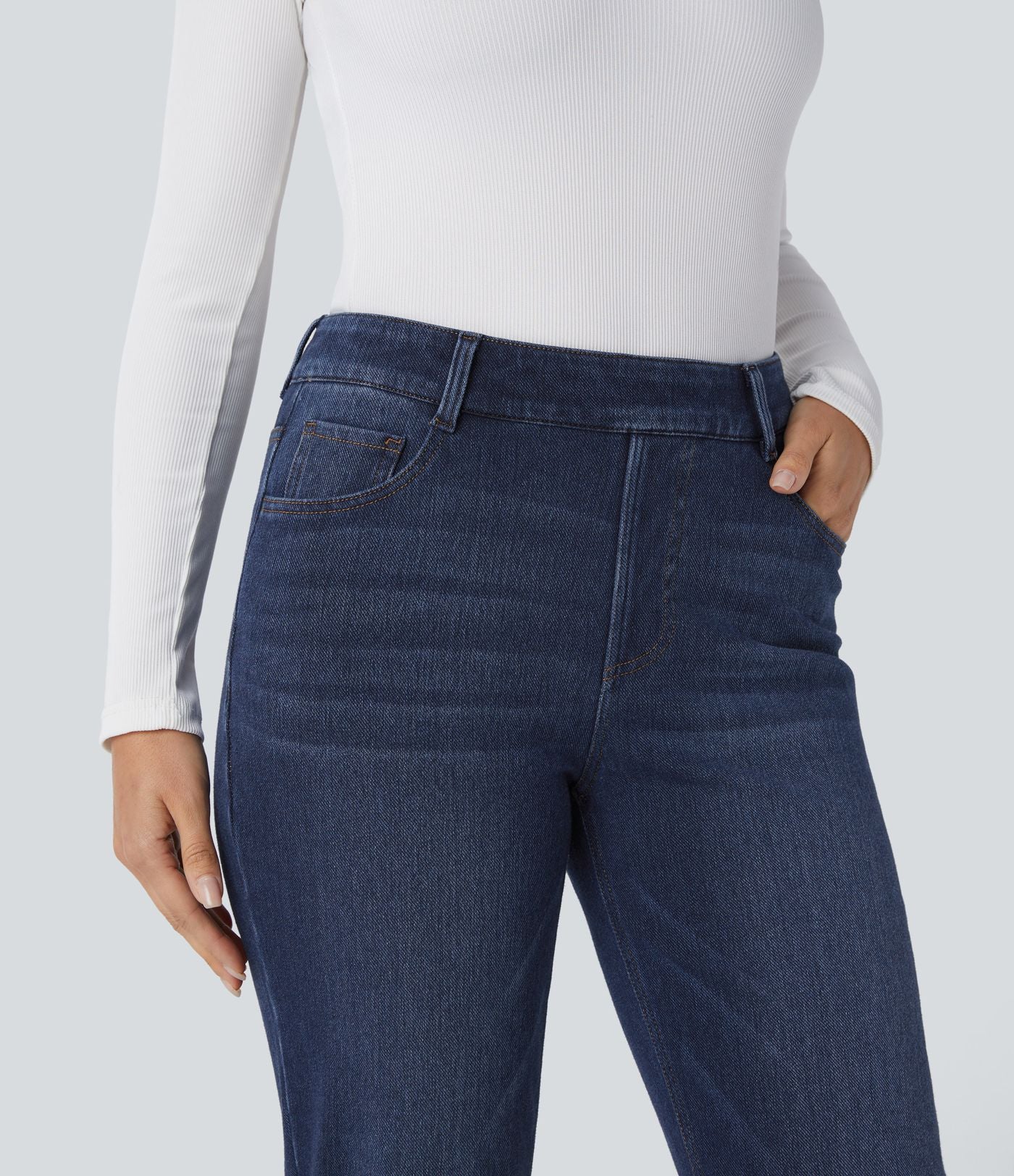 Jean délavé coupe droite taille haute Halara Flex™ Denim Heat avec poches