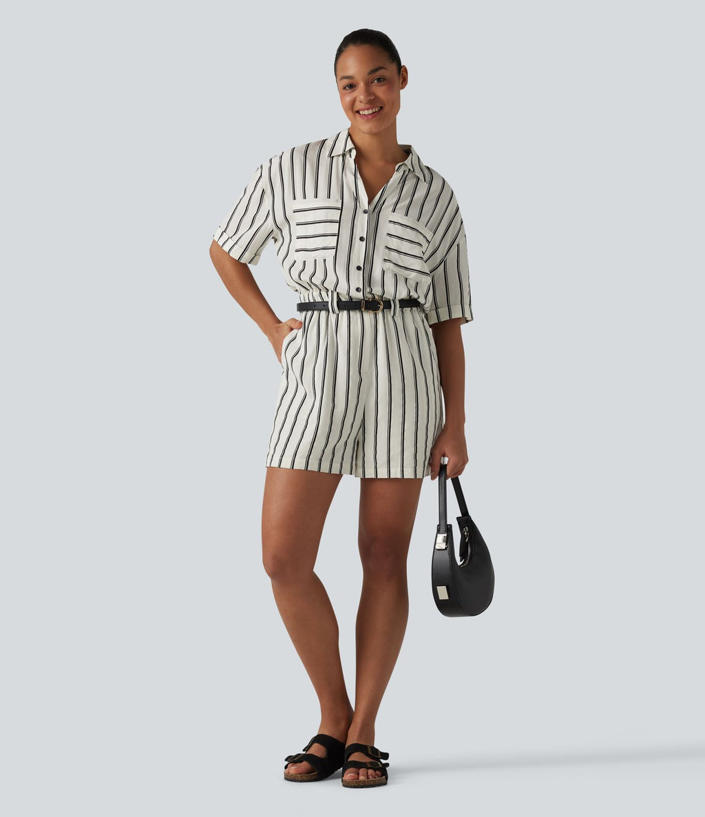 Combinaison-chemise décontractée rayée à manches courtes avec poches