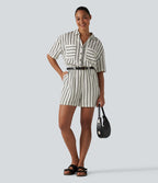 Combinaison-chemise décontractée rayée à manches courtes avec poches