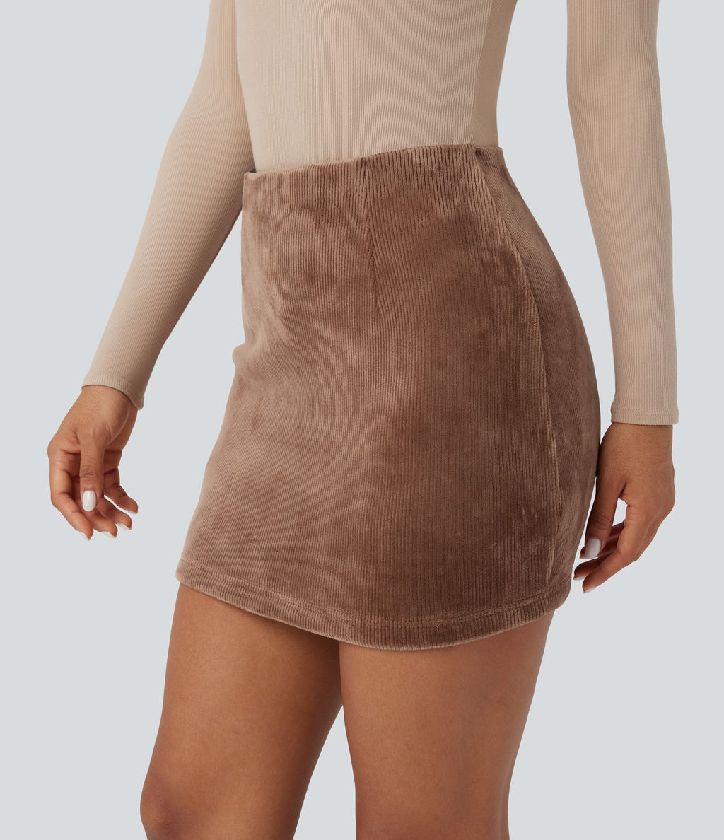 Jupe courte moulante décontractée velours côtelé taille haute gainant effet push-up avec poches