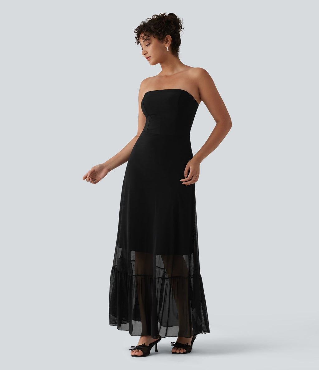 Robe longue fluide mesh contrastant avec volants à l'ourlet et coussinets fixes